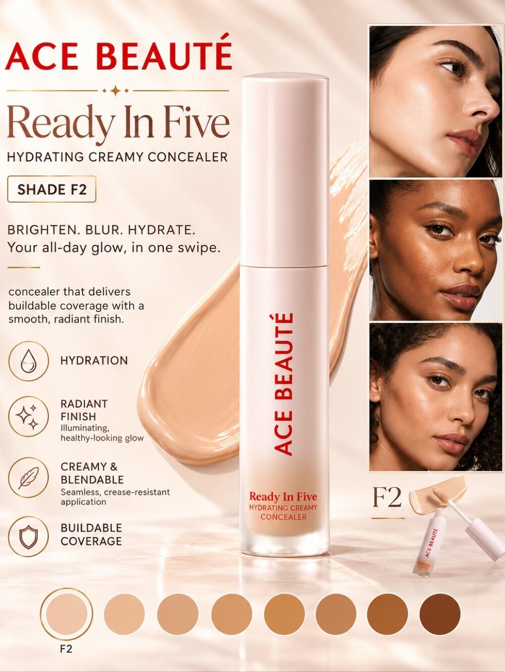 ACE BEAUTÉ Ready In Five Hydrating Creamy Concealer – Shade F2